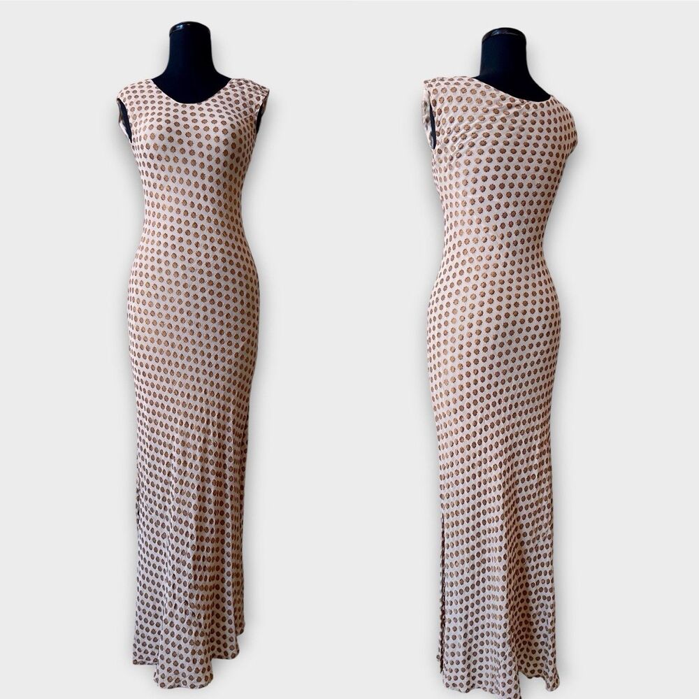 Sula Clothing Silk Zari Bias Cut Maxi Slip Dress XS Ivory Gold Block Print Y2K